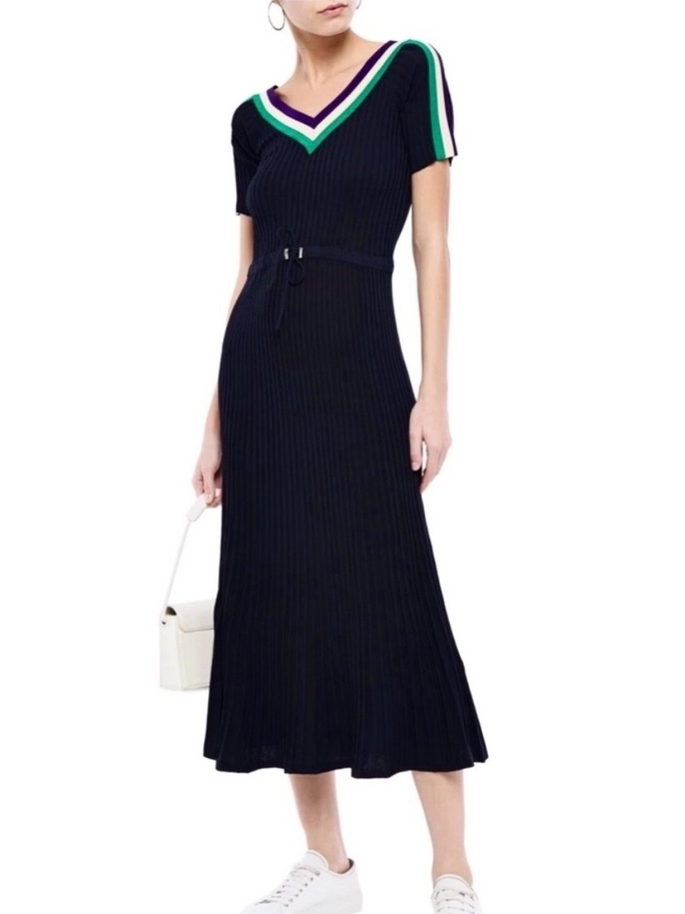 Sandro Navy Midi Knit Dress with Contrast Ribbon Detail